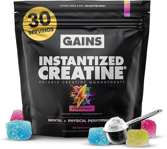 Gains in Bulk Instantized Creatine Monohydrate for Women and Men, Soluble Pre Workout Powder, Supports Muscle Building, Strength and Performance, Bodybuilding Supplements, Sour Gummy, 30 Servings