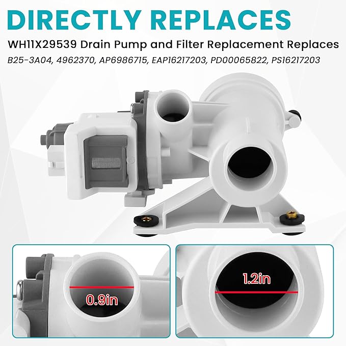 WH11X29539 AP6986715 Drain Pump and Filter Replacement Fit for GE Front Load Washers gfw550spn2dg Replaces B25-3A04, 4962370, EAP16217203, PD00065822, PS16217203 by AMI PARTS (1-year QA)