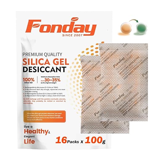 16Packs x 100Gram Fonday Rechargeable Silica Gel Desiccant Packets Food Grade Fast Reactivate Desiccant Bags Moisture Indicating Orange to Green