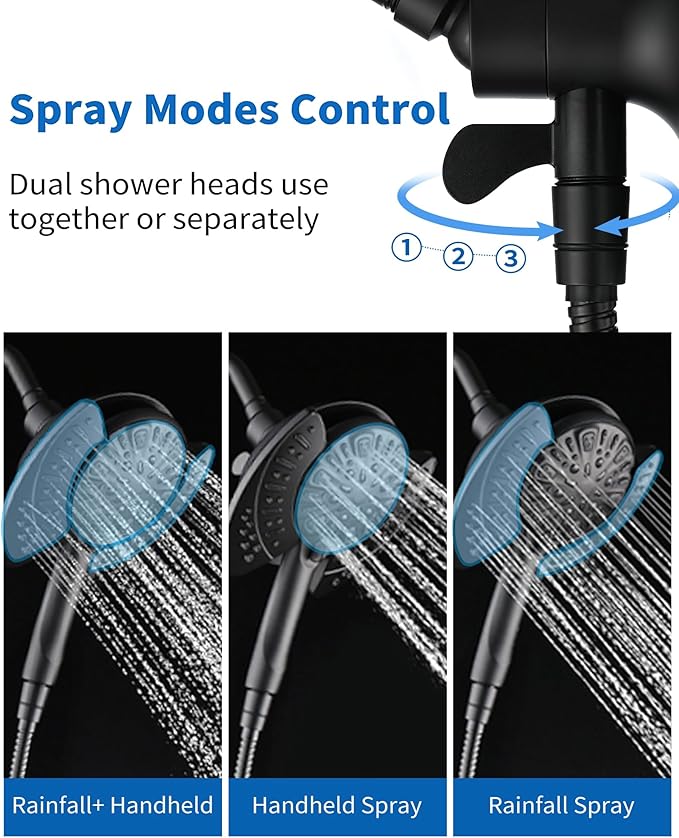2-in-1 Shower Head with Handheld Combo: 2.5GPM Rainfall & Handheld Shower Head Use Together or Alone, 9 Spray Settings Hand Held Shower Head with Hose, Black