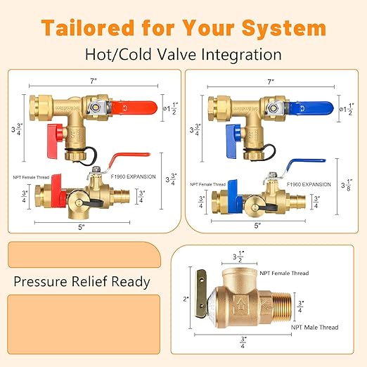 (Set of 1 Kit) HeSun 3/4" FIP X 3/4" PEX-A Expansion IPS Isolator Tankless Water Heater Service Valve Kit, with Pressure Relief Valve