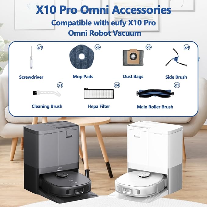 23 Pack X10 Pro Omni Replacement Parts for Eufy X10 Pro Omni Robot Vacuum, 1 Main Brush, 4 Hepa Filters, 4 Side Brushes, 6 Mop Pads, 6 Dust Bags, 1 Screwdriver 1 Cleaning Brush