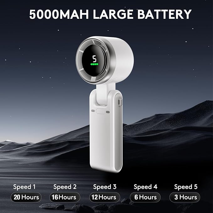 Foldable Handheld Fan, Portable Strong Winds Rechargeable 10000mAh Mini Turbo Fan, Digital Display, 5 Speed Adjustable Personal Small Pocket, Gifts for Women Men Travel Camp Outdoor Office