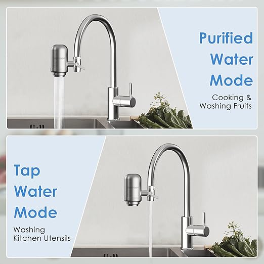 Faucet Water Filter for Sink, Rapid Flow - 400 Gallons Faucet Mount Water Filtration System for Tap Water, NSF Certified Reduces Chlorine (Grey-T2-1 Filter)
