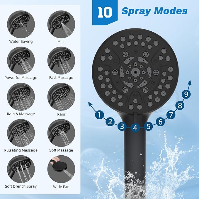 Hibbent Upgraded All Metal 12" Rainfall Showerhead Combo, High Pressure Shower Head with 10-Spray Mode Handheld, 4-way Diverter with Pause Mode, 71'' Shower Hose and Handheld Holder, Matte Black