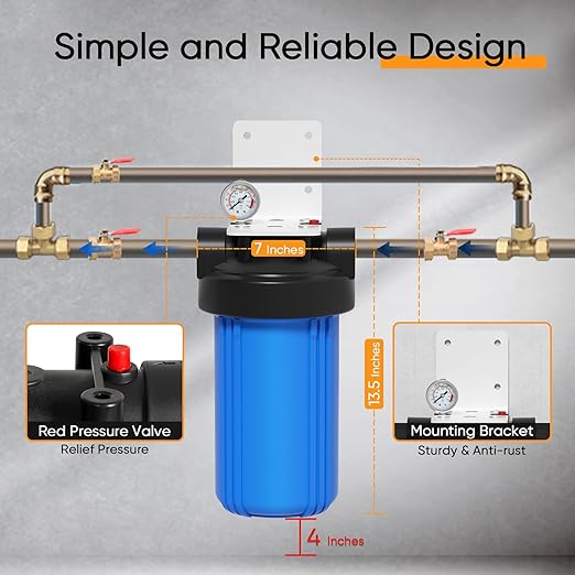 PUREPLUS 1-Stage Whole House Water Filter, with Iron Manganese Reducing Water Filter, for Well Water, 10"x4.5" Universal Housing