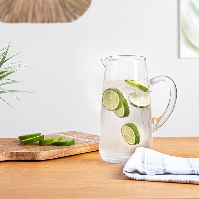 Glass Water Pitcher with Spout – 63 Oz Elegant Serving Carafe for Water, Juice, Sangria, Lemonade, and Cocktails – Clear Glass Beverage Pitcher.