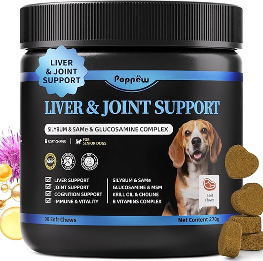 Liver Health Supplement for Senior Dogs - Joint Health Support with Silybum Marianum, Same, Krill Oil, Glucosamine, B Vitamins Complex, MSM, Choline for Old Dogs, Beef Flavor - 90 Soft Chews