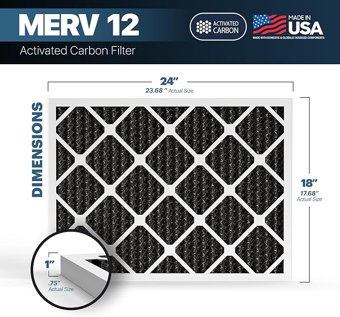 BNX TruFilter 18x24x1 MERV 12 Odor Defense (4-Pack) AC Furnace Air Filter with Activated Carbon - MADE IN USA - Pleated Air Conditioner HVAC AC Furnace Filters - Removes Odor, Mold, Bacteria, Smoke
