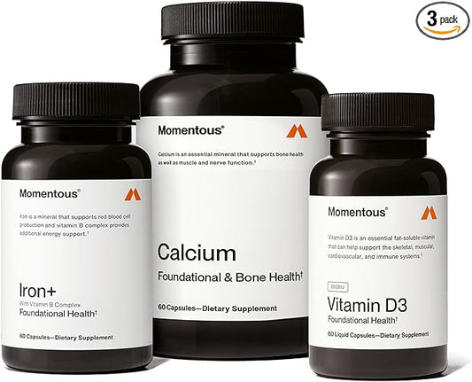 Momentous The Women's Three Bundle - Iron+, Calcium, & Vitamin D3 (2,000 IU) - 3 Critical Nutrients for All Women in 1 Daily Supplement System - NSF Certified for Sport - Gluten-Free - 60 Servings