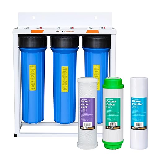 Rotek Water Systems Whole House Water Filtration System, 3-Stage Water Filter System, SED, GAC, ACB, Clean Water, Sediment, Carbon Block, & Granular Carbon Filter, 20 Inch
