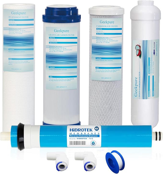 Geekpure 5 Stage Reverse Osmosis Replacement Filter Set with 75 GPD Membrane -Standard 10 Inch