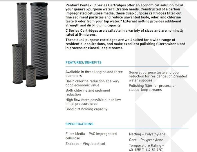 Pentair Pentek C1-20 Carbon Water Filter, 20-Inch, Whole House Dual Purpose Powdered Activated Carbon-Impregnated Cellulose Replacement Cartridge, 20" x 2.5", 5 Micron, Pack of 14