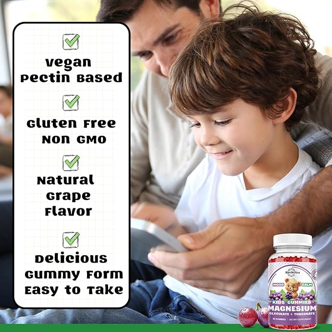 Magnesium Complex Gummies for Kids & Adults- Magnesium Glycinate Supplement- Support Calm Stress Relief, Bones, Mood Vegan- Sugar-Free Grape Flavor, 60 Gummies