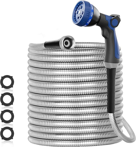 100ft 304 Stainless Steel Garden Hose Metal, Heavy Duty Water Pipe with Nozzles for Yard, Outdoor - Flexible, Never Kink & Tangle, Puncture Resistant (Sliver)