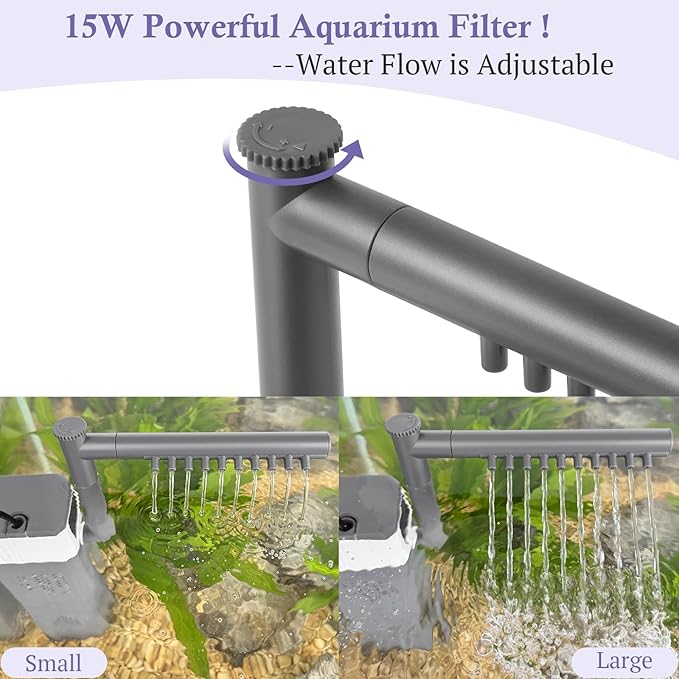 15W 210GPH Ultra Powerful Aquarium Filter for 25-55Gallon Fish Tank, Adjustable Filter with Filter Sponges, Submersible Fish/Turtle Water Filters, Filtration/Oxygenation/Water Cycle 3in1 Filter