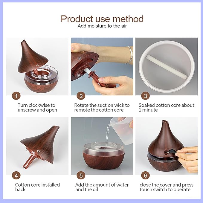 FULLBELL Cool Mist Humidifier, 400ML, 10-20 Hours Runtime, 7 Color Lights, 2 Modes, 24db Quiet, Black (Dark Brown-300ML)