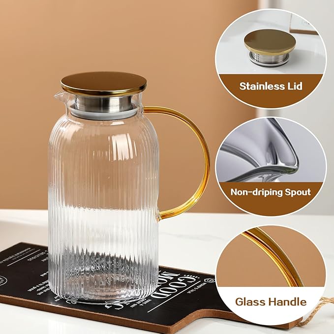 2 PACK Glass Pitcher with Lid and Handle,68 oz/ 2 Liter Vertical Stripes Water Pitcher,Glass Water Carafe for Fridge,Hand Blown Heat Resistant Borosilicate Water Jug for Hot/Cold Drinks,Gifts
