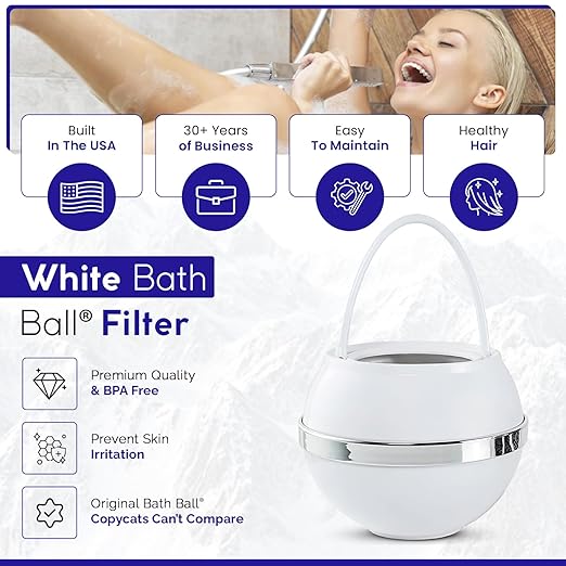 Crystal Quest Bath Ball Water Filter for Bathtub - 3-Stage Filtration, Removes Chlorine, Chloramine & Byproducts, 2,500 Gallons, BPA Free, pH Balanced Water, Fits Most Tubs, Easy Install - White