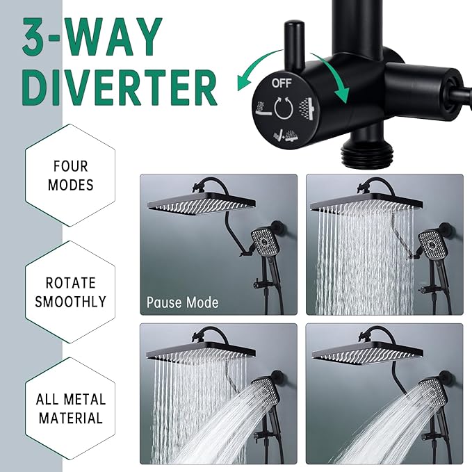13 Inch Rainfall Shower Head with Multi-Function Handheld Sprayer Combo, 3-Way Metal Extended Diverter with Holder and Metal Adjustable Curved Shower Extension Arm, Extra Long Hose Matte Black