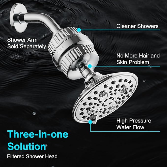 Cobbe 6-Setting High Pressure Filtered Shower Head Combo, Detachable Rain Shower Head with 20 Stage Shower Head Filter for Hard Water - Remove Chlorine and Harmful Substances, Chrome