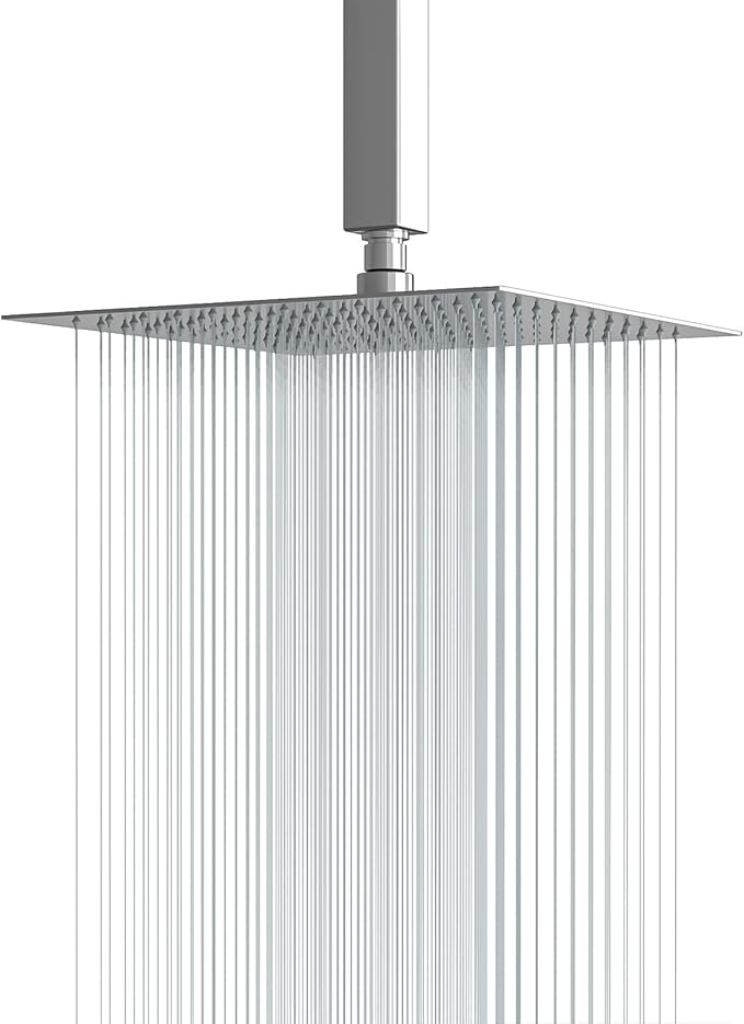 Lordear 16 Inch Rainfall Shower Head Solid Square Ultra Thin 304 Stainless Steel Polish Chrome Rain Shower Head Waterfall Full Body Coverage with Silicone Nozzle