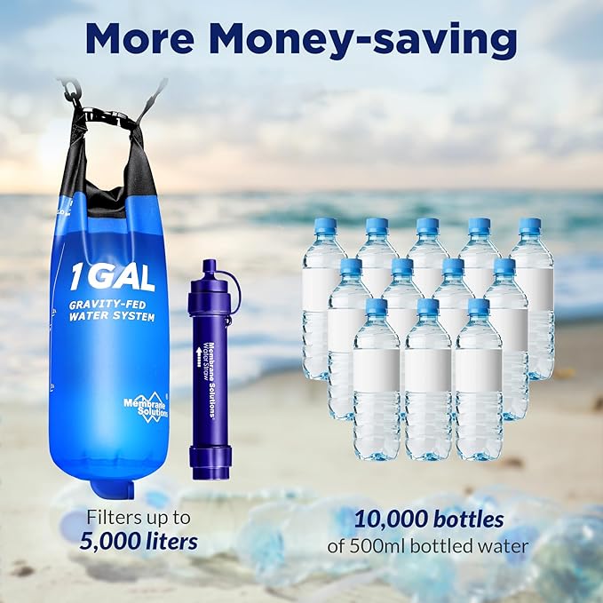 Membrane Solutions Gravity Water Filter 1 Gallon, NSF/ANSI 42&372&401 Certified, 0.1μm Versatile Water Purifier Camping with Adjustable Tree Strap Storage Bag, Survival Gear for Emergency Preparedness