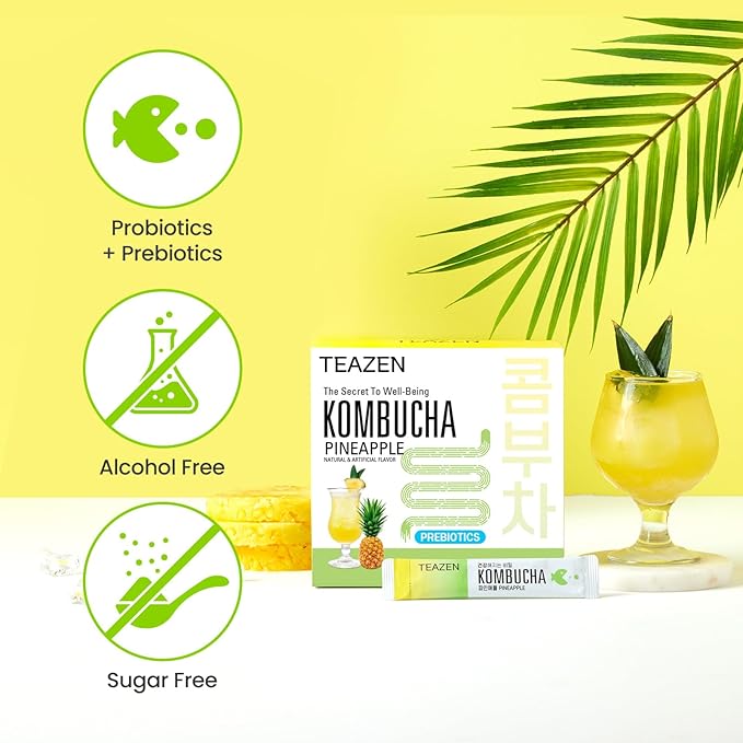 TEAZEN Pineapple Kombucha Tea, Hydration Drink Mix, Sugar Free, Live Probiotics & Prebiotics, 30 Sticks, 5.29oz