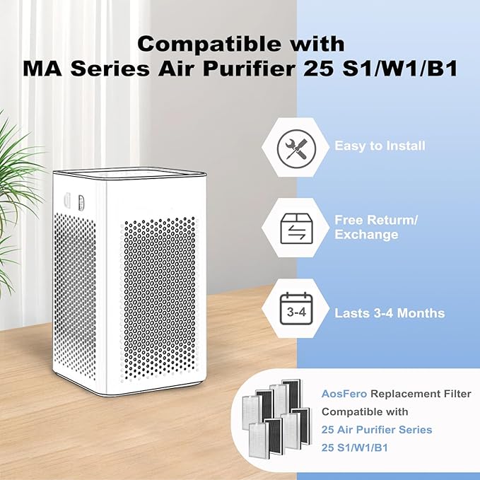 25 Replacement Filter Compatible with MA Series Air Purifier 25 S1/W1/B1,3 in 1 Stage with Pre-filter,High-Efficiency Core Layer,and Activated Carbon,8-Pack