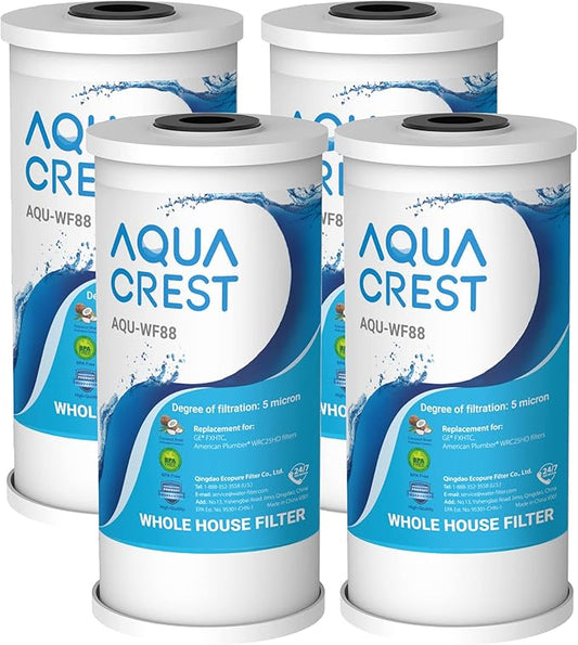 AQUA CREST FXHTC Whole House Water Filter, Well Water Filter Replacement for GE® FXHTC, GXWH40L, American Plumber W10-PR, Culligan® RFC-BBSA, W10-BC, Carbon Filters, 5 Micron, Pack of 4