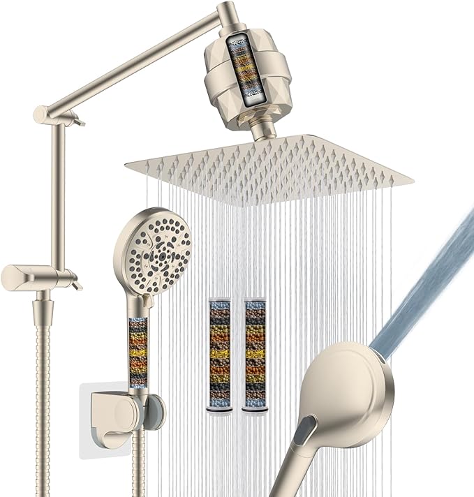 iFealClear Metal Rain Filtered Shower Head, 10” High Pressure Rainfall Shower Head with Handheld Spray, 10-Mode Handheld Power Wash, 16" Adjustable Extension Arm, 2 Pack Shower Filters, Brushed Nickel