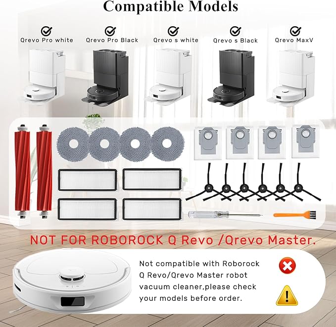 Accessories Kit for Roborock Qrevo S/Qrevo Plus/Qrevo Pro/Qrevo MaxV 【Not for Q Revo】Robot Vacuum, 2 Main Brush Roller, 4 Hepa Filters,4 Mop Pads, 4 Dust Bags, 6 Side Brush, 22 Pack Replacement Parts