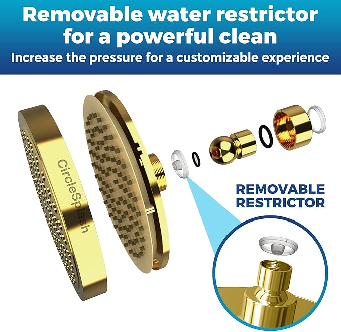 High Pressure Shower Head - Anti-Clogging Silicone Nozzles - 2.5 GPM Removable Restrictor - Easy to Clean Adjustable Replacement - easy to install with Plumbers Tape - 6 inch - Elegant Gold Finish