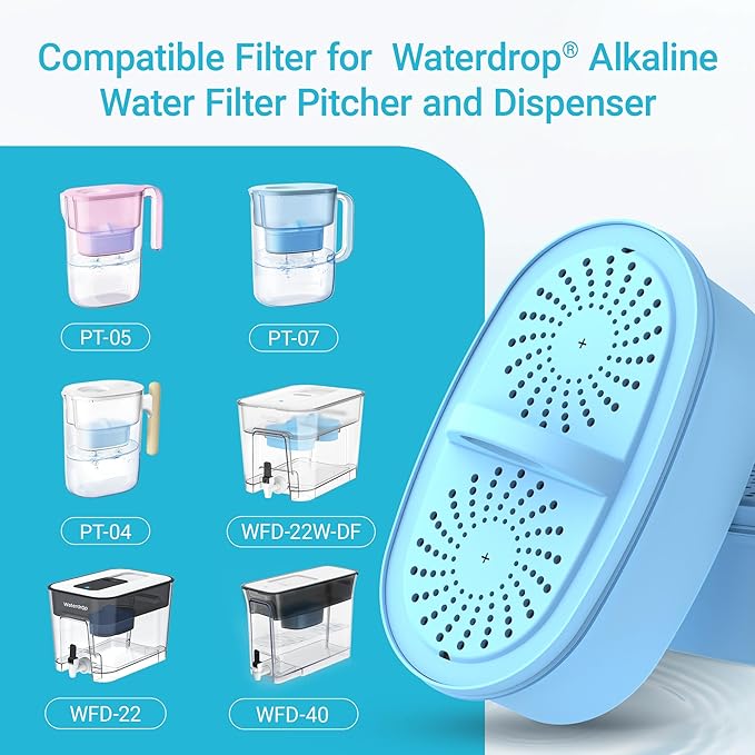 Alkaline Water Filter Replacement for All Waterdrop Pitcher and Dispenser Filtration System, Fits Waterdrop WD-PF-AL, Reduces PFOA/PFOS, Chlorine, Last Up to 100 Gallons, 1 Pack, AQUA CREST