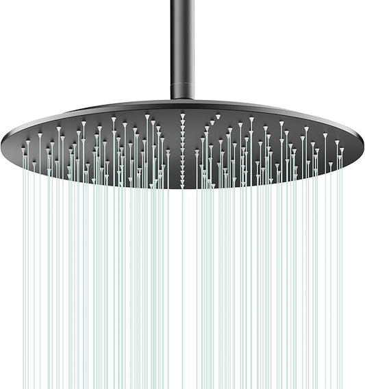 All Metal Rain Shower Head - Heavy Duty Stainless Steel, Easy Install, High Water Flow, Ultra-Thin Modern Design for Bathroom (D-Matte Black, 16)