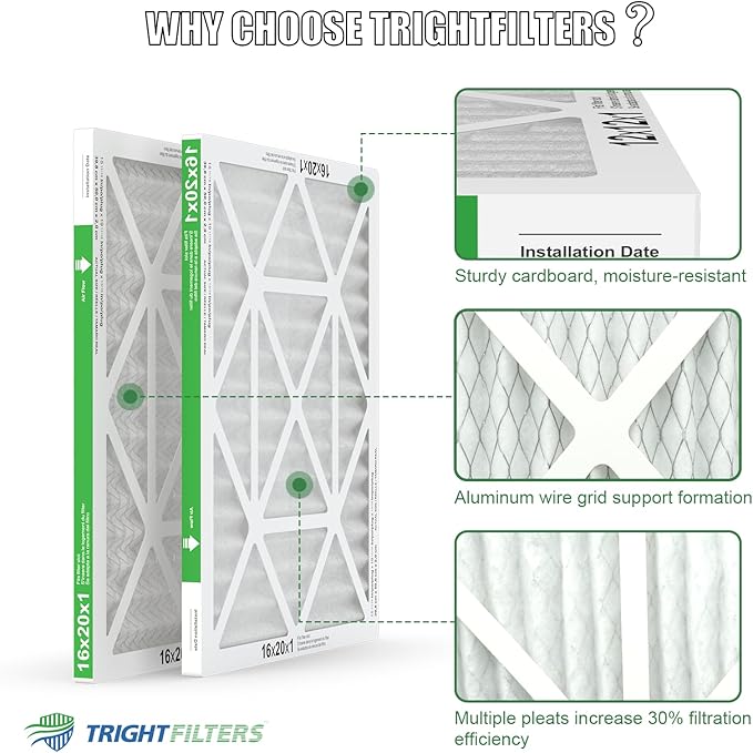 16x20x1 Air Filter 6 Pack, Durable MERV 8 Pleated Home HVAC AC Furnace Filters, Lightweight Compact Air Conditioner Filter Replacement