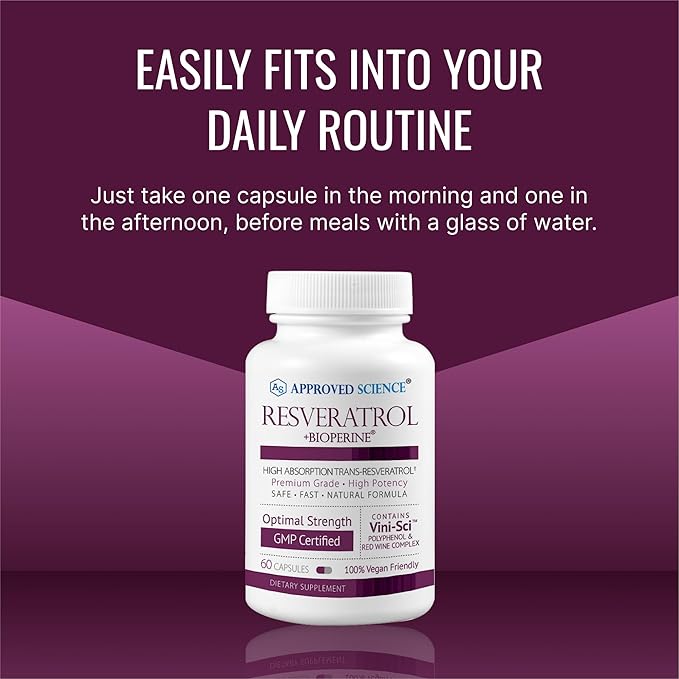 Approved Science® Resveratrol - 1000 mg of Trans Resveratrol - 250 mg of Polyphenol - 98% Purity Level - Includes Bioperine® - 60 Vegan Friendly Capsules - 1 Bottle