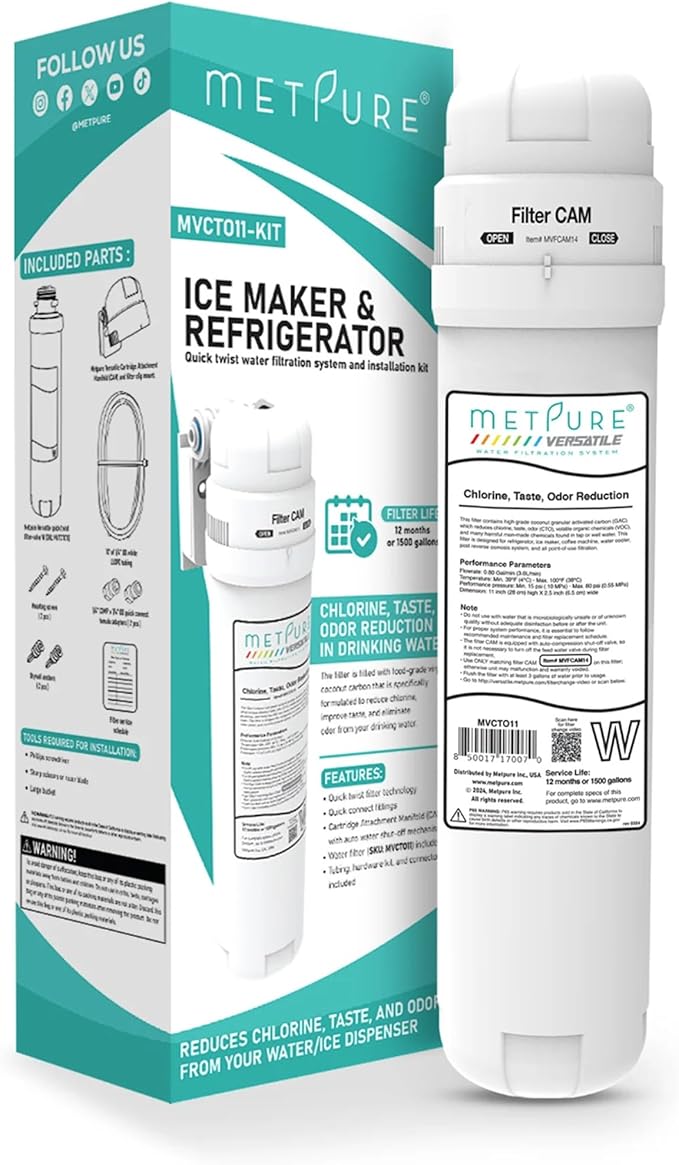 Versatile Inline MVCTO11-KIT Quick Twist Water Filter 1/4" for Refrigerator, Ice Maker, Coffee Maker, Reduces Bad Taste, Odor, Chlorine in Drinking Water. Complete Kit.