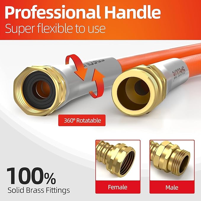 Garden Water Hose 200 ft x 5/8 in Heavy Duty, Flexible and Lightweight, Burst 600 psi, Kink-less Hybrid Rubber Pipe for Backyard, 3/4'' Brass Fittings, Orange