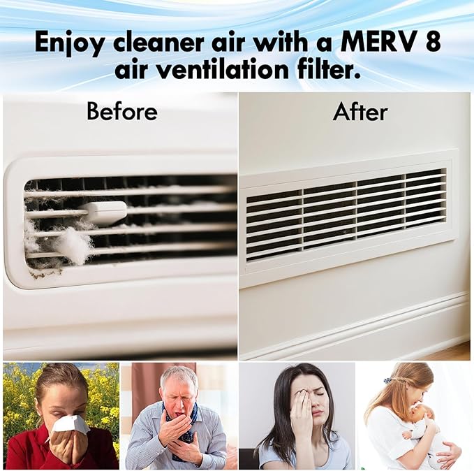 2PCS 12 x 120" Air Vent Filters, Cut-to-Size MERV 8 Filter Material, Triple Layer HVAC Furnace Vent Filters for Home, Floor, Ceiling, Grilles - Includes 48PCS Adhesive Hook Tape.