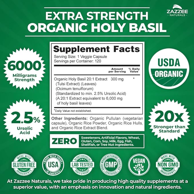 Zazzee Extra Strength Astragalus Root and Extra Strength USDA Organic Holy Basil Tulsi Extract
