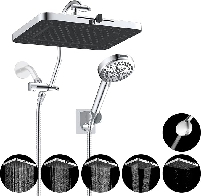 Hibbent Upgraded 5-spray 13'' Shower Head, High Pressure Rainfall Shower Head, Dual Showerhead Combo with 10-mode Handheld Spray, 12'' Adjustable Extension Arm, 71'' Hose, Showerhead Holder, Chrome
