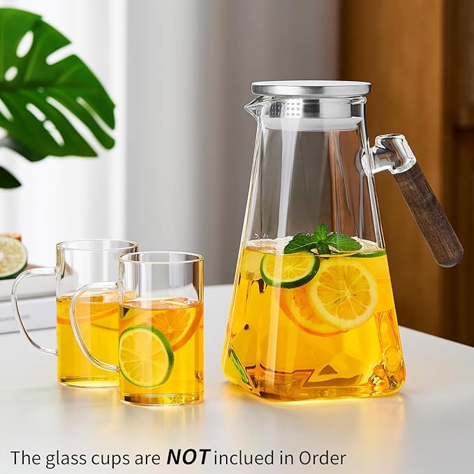 2L Glass Pitcher with Lid and Spout, Water Jug, 68 OZ Carafe for Hot/Cold Water, Large Iced Tea Pitcher for Coffee, Juice and Homemade Beverage