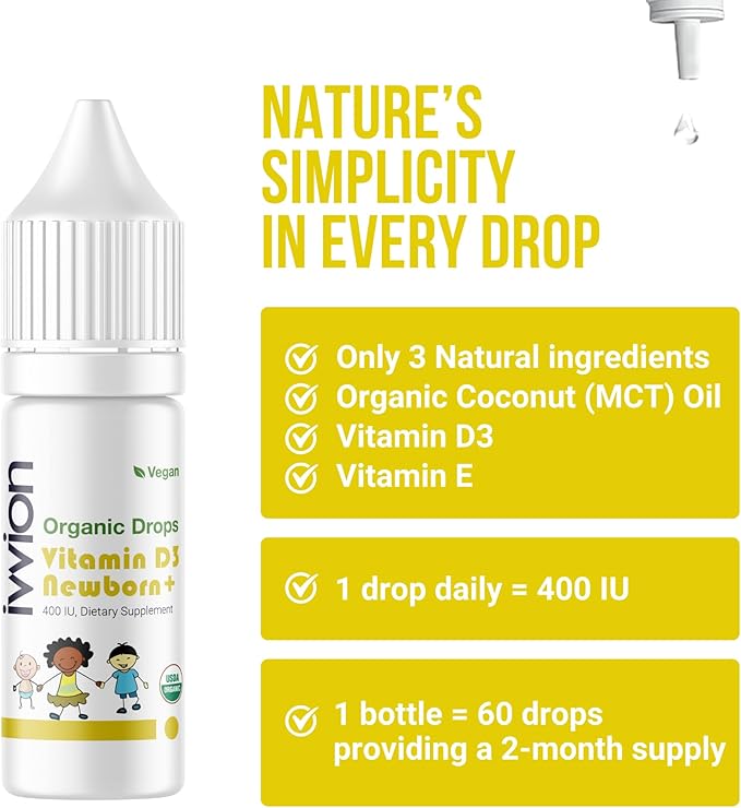 Organic Vegan 400IU, Vitamin D3, 60 Drops – Baby Drop for Infants & Toddlers | USDA Organic, Non-GMO, Plant-Based, No Additives or Preservatives, All Natural, Made in UK (Pack of 2)