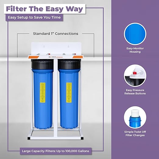 Rotek Water Systems Whole House Water Filtration System | 2-Stage Water Filter System | PHO & ACB | Clean Drinking Water | Polyphosphate Anti-Scale & Carbon Filter | 20 Inch