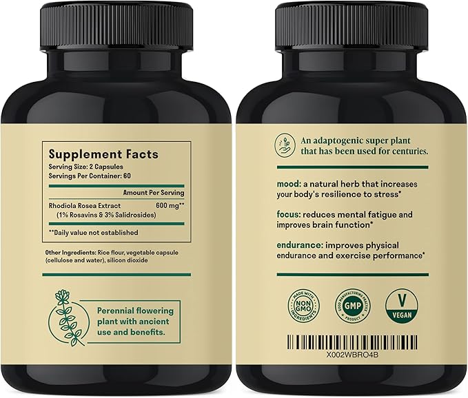 Rhodiola Rosea 600 mg | 60 Servings | Ultra Potent Rhodiola Supplement with 3% Salidroside & 1% Rosavins for Stress Support, Mood Support & Energy - Adaptogens for Calm & Focus - Gluten Free & Non-GMO