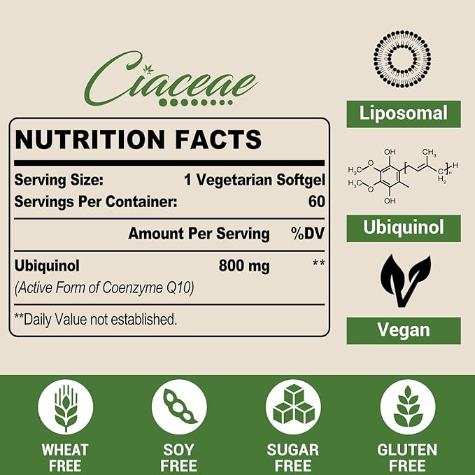 Liposomal CoQ10 800mg Ubiquinol Softgel, Max Absorption Ubiquinol Coenzyme Q10, Ubiquinol CoQ10 Supplement for Antioxidant, Heart Function & Energy Production, Pure CoQ10 800mg, 60 Vegan Softgels