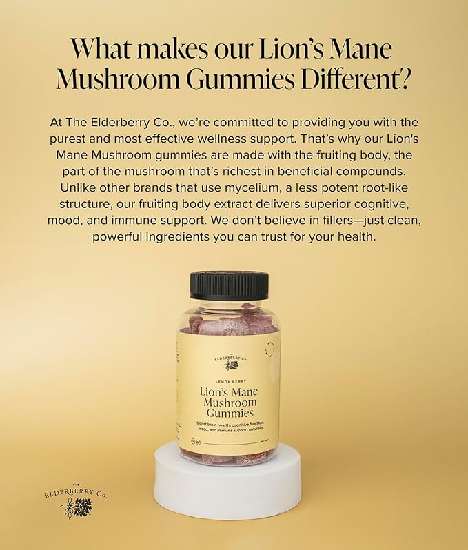 The Elderberry Co. Lion's Mane Mushroom Gummies Made from The Fruiting Body Lemon Berry Flavor Supports Immune Health, and Cognitive Function & Mental Clarity 60 Ct.