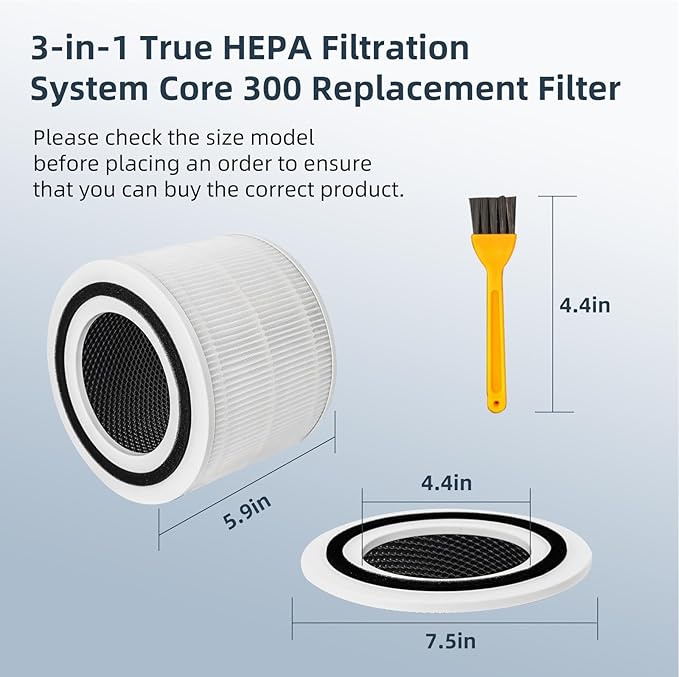 Core 300 Replacement Filter for LEVOIT Core 300-P Air Purifier, 3-in-1 H13 True HEPA Replacement Filter,Activated Carbon Filtration System，2 Pack