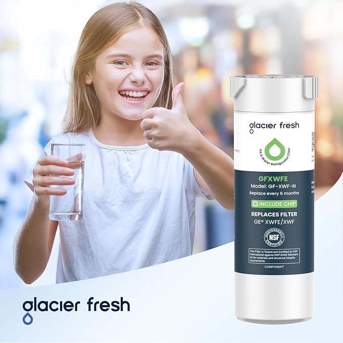 GLACIER FRESH Water Filter Compatible with XWFE (Built-in CHIP), Replacement for GE XWFE, XWF Refrigerator Water Filter NSF/ANSI 42 Certification Pack of 3